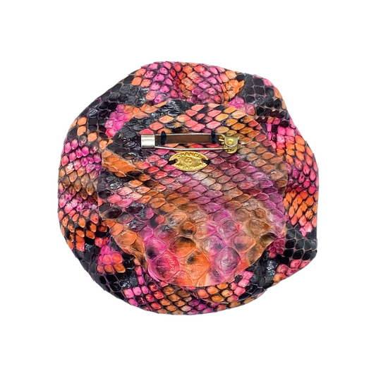 Chanel Pink Orange Python Print Flower Brooch