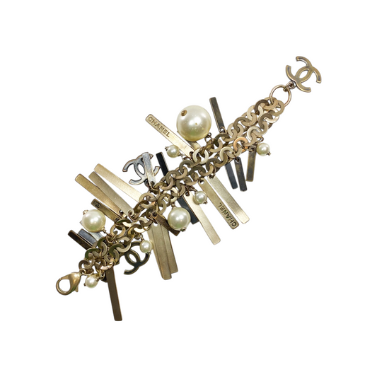 Chanel Vintage Aged Gold Pearl Charm Bracelet