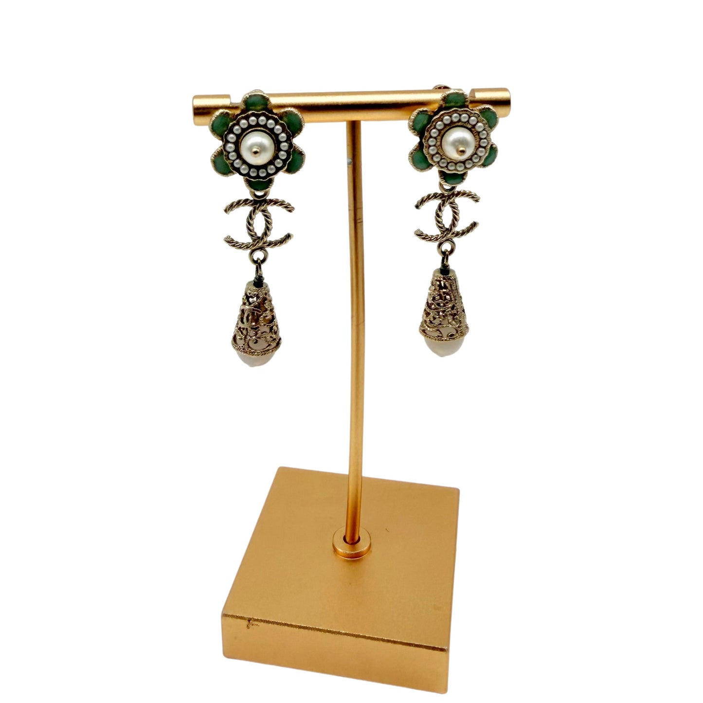 Chanel Grey Chandelier Earrings with Floral Pearls and Light Gold