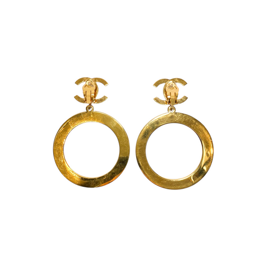 Chanel Gold CC Circle Vintage Drop Clip On Earrings