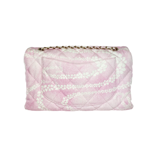 Chanel Pink White Coco Beach Printed Denim Maxi Flap Bag