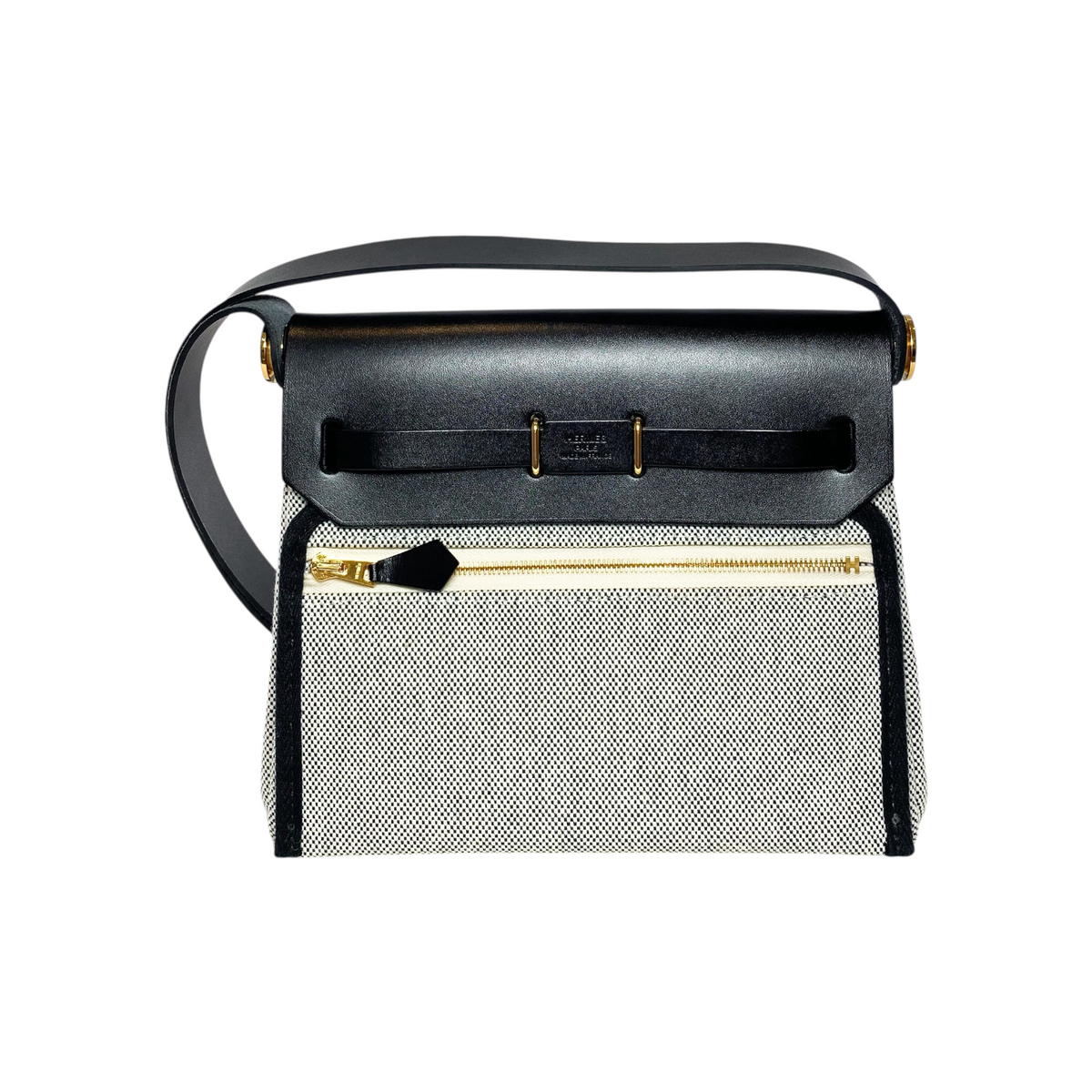 Hermes Mini Herbag Zip 20 Black Vache Hunter Ecru Toile Gold