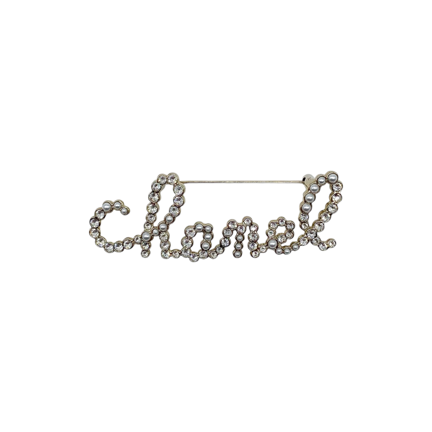 Chanel Crystal Pearl Cursive Logo Brooch – Consign of the Times ™ Chanel Crystal Pearl Cursive Logo Brooch – Consign of the Times ™