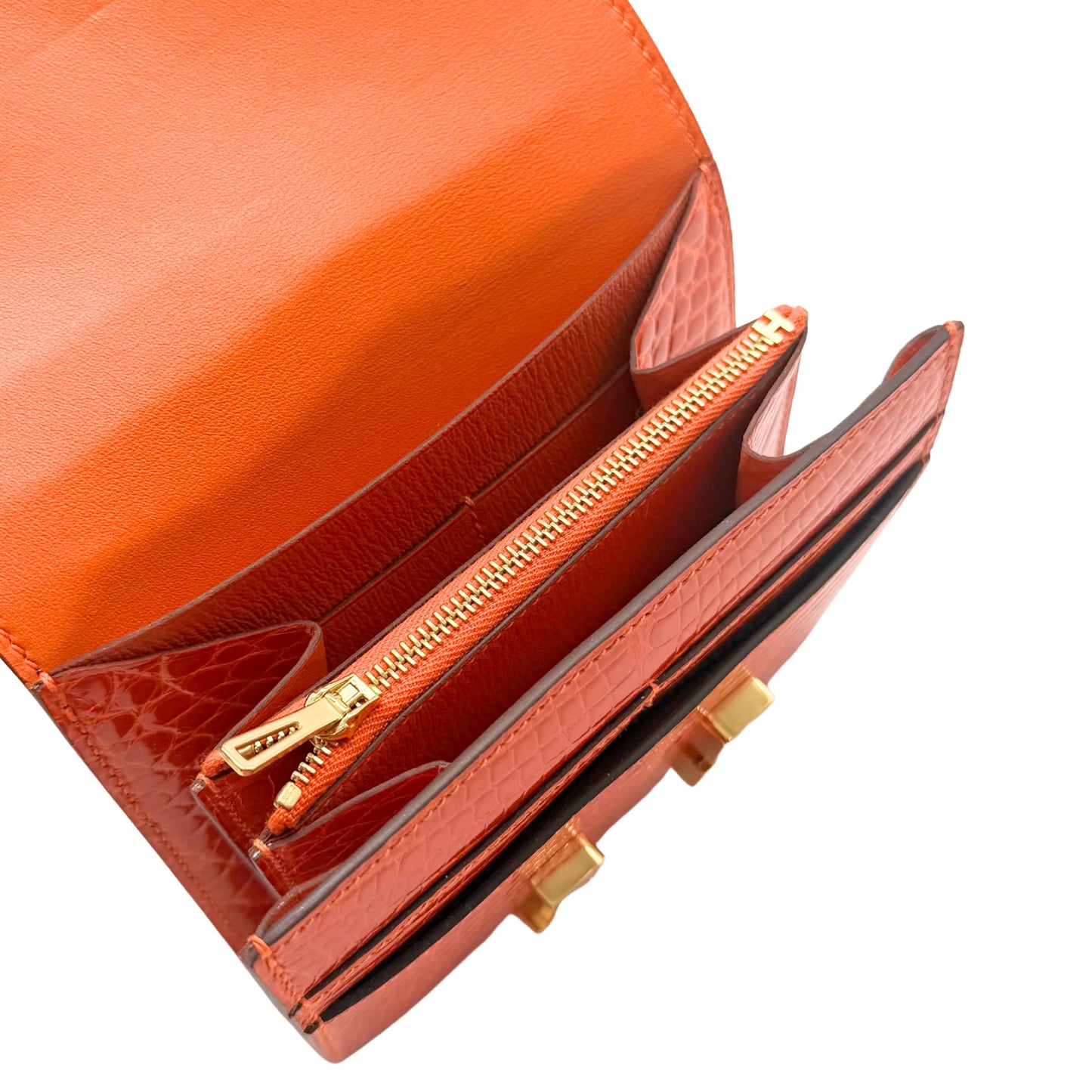 Hermes Constance Orange Poppy Alligator Compact Wallet