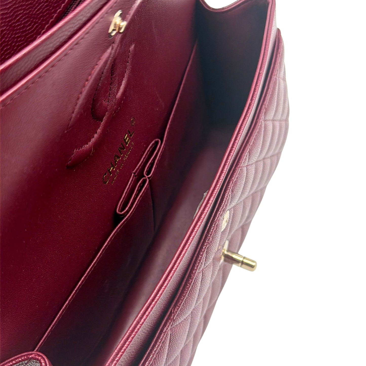 Chanel Medium Burgundy Double Flap in Caviar Leather with Light Gold-tone Hardware