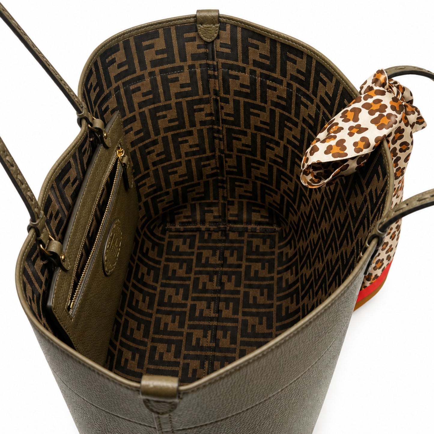 Fendi Dark Olive with Reversible FF Zucca Roll Bag with Twilly