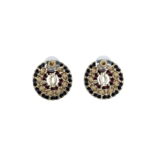 Chanel Black Burgundy Gold Woven CC Earrings