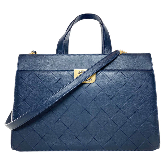 Chanel Large Navy Stitched Straight Lines Shopping Tote