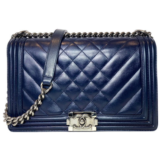 Chanel Navy Chevron Quilted Medium Boy Bag