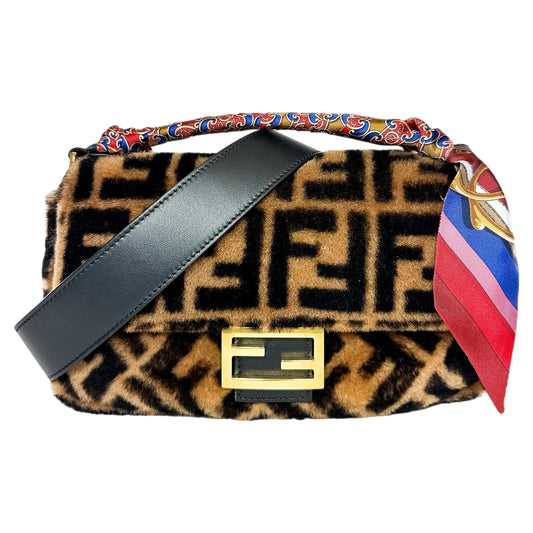 Fendi Tobacco Black Shearling Dolce Macro FF 1974 Baguette