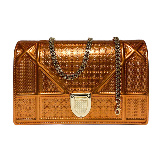 Dior Metallic Patent Copper Micro-Cannage Diorama Wallet on Chain