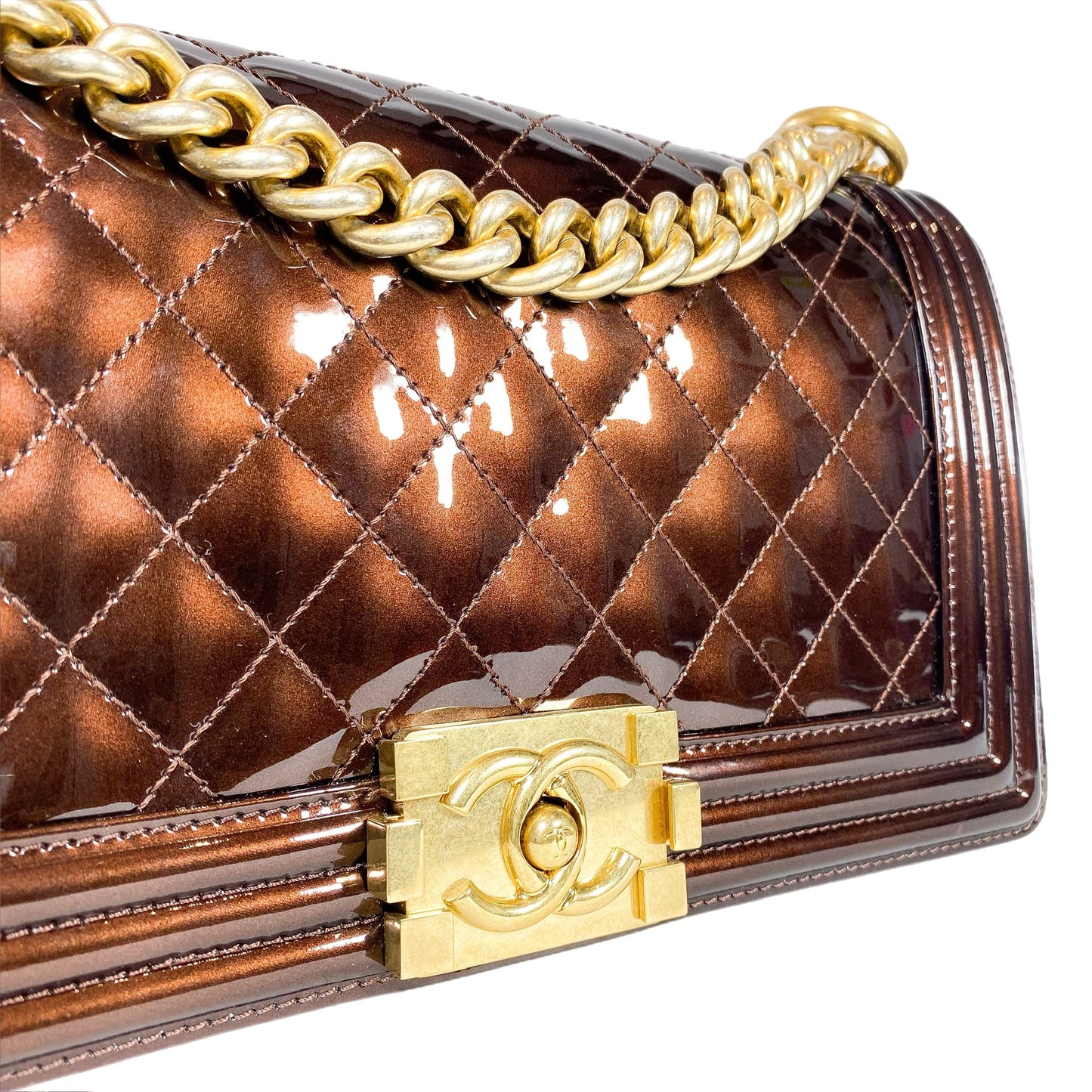 Chanel Bronze Patent Quilted Old Medium Boy Bag