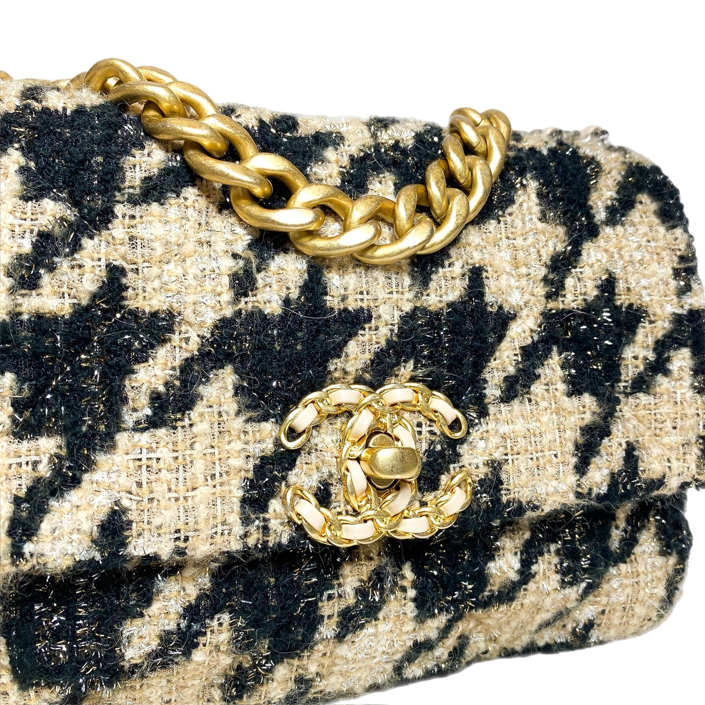 Chanel 19 Black Beige Houndstooth Tweed Flap Bag