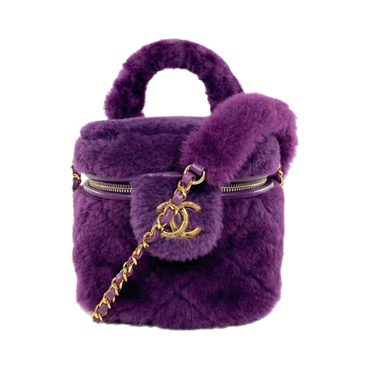 Chanel Small Quilted Purple Shearling Top Handle Vanity Bag