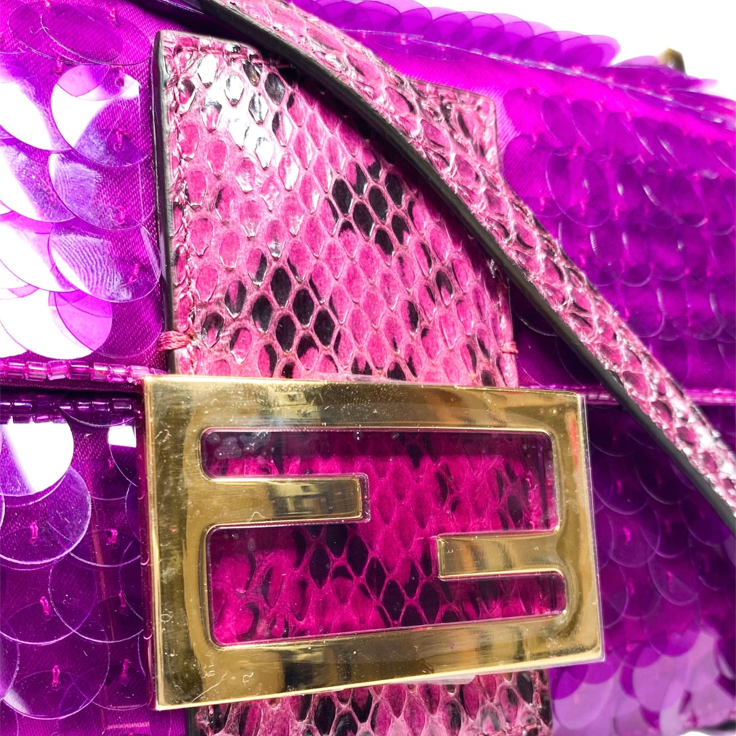 Fendi Dark Pink Satin Sequin Paillettes Snakeskin Mini Baguette 1997