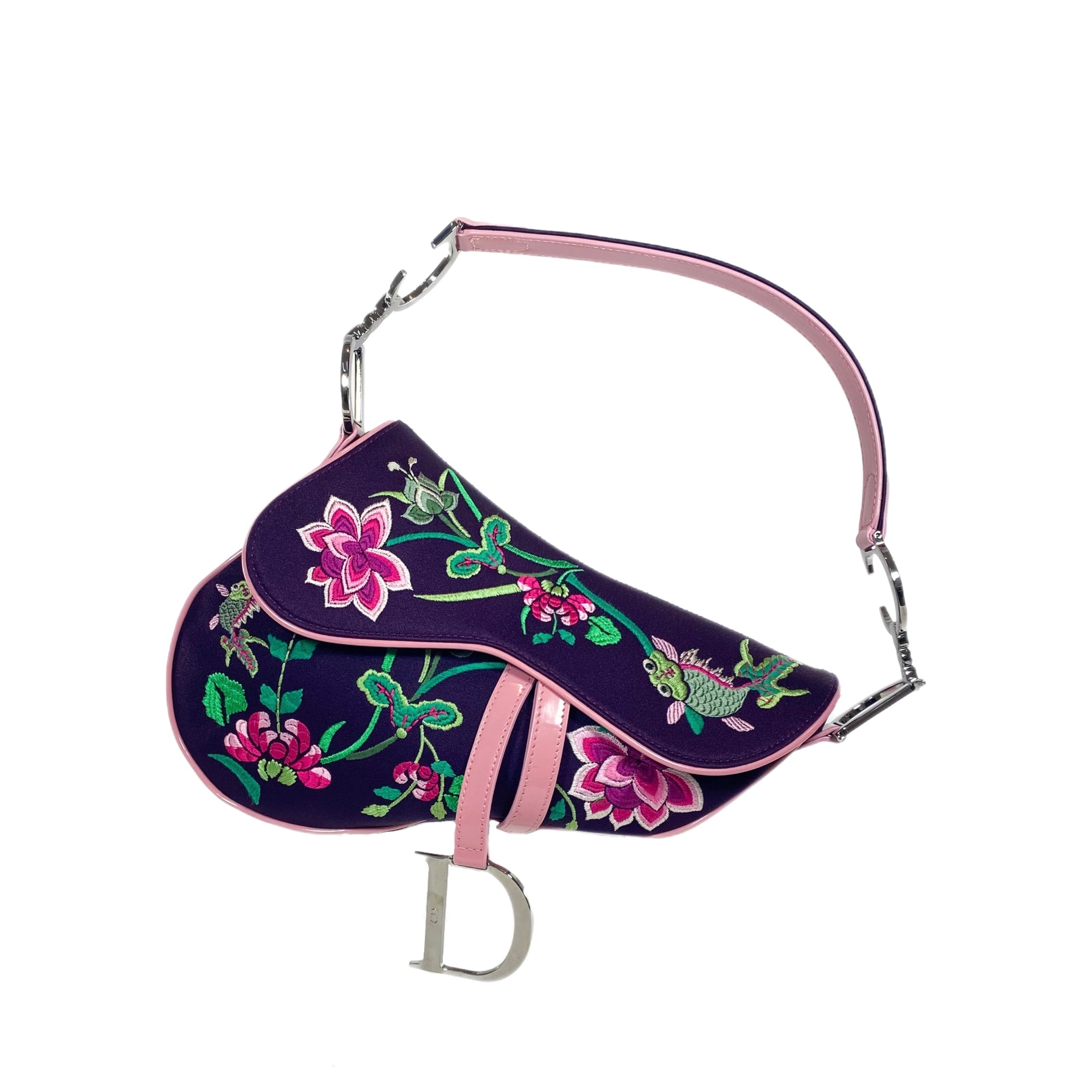 Dior Purple Flower Embroidered Saddle Bag