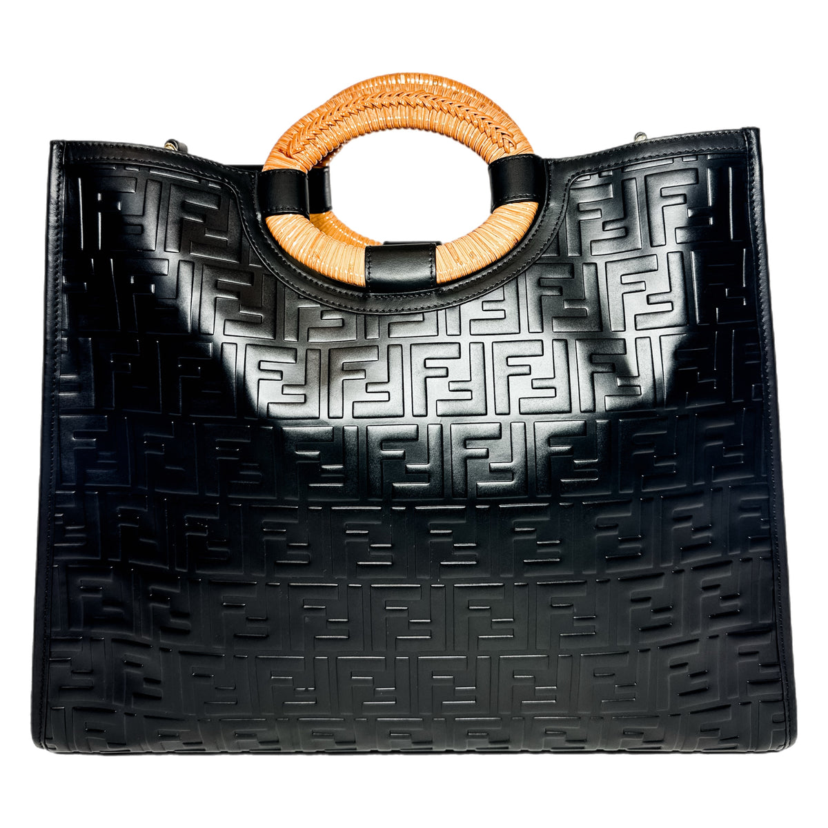 Fendi Black Wicker Embossed Large Runaway Shopper Tote Consign