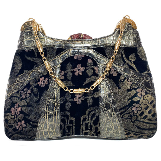 Gucci Black Alligator Velvet Chain Shoulder Bag