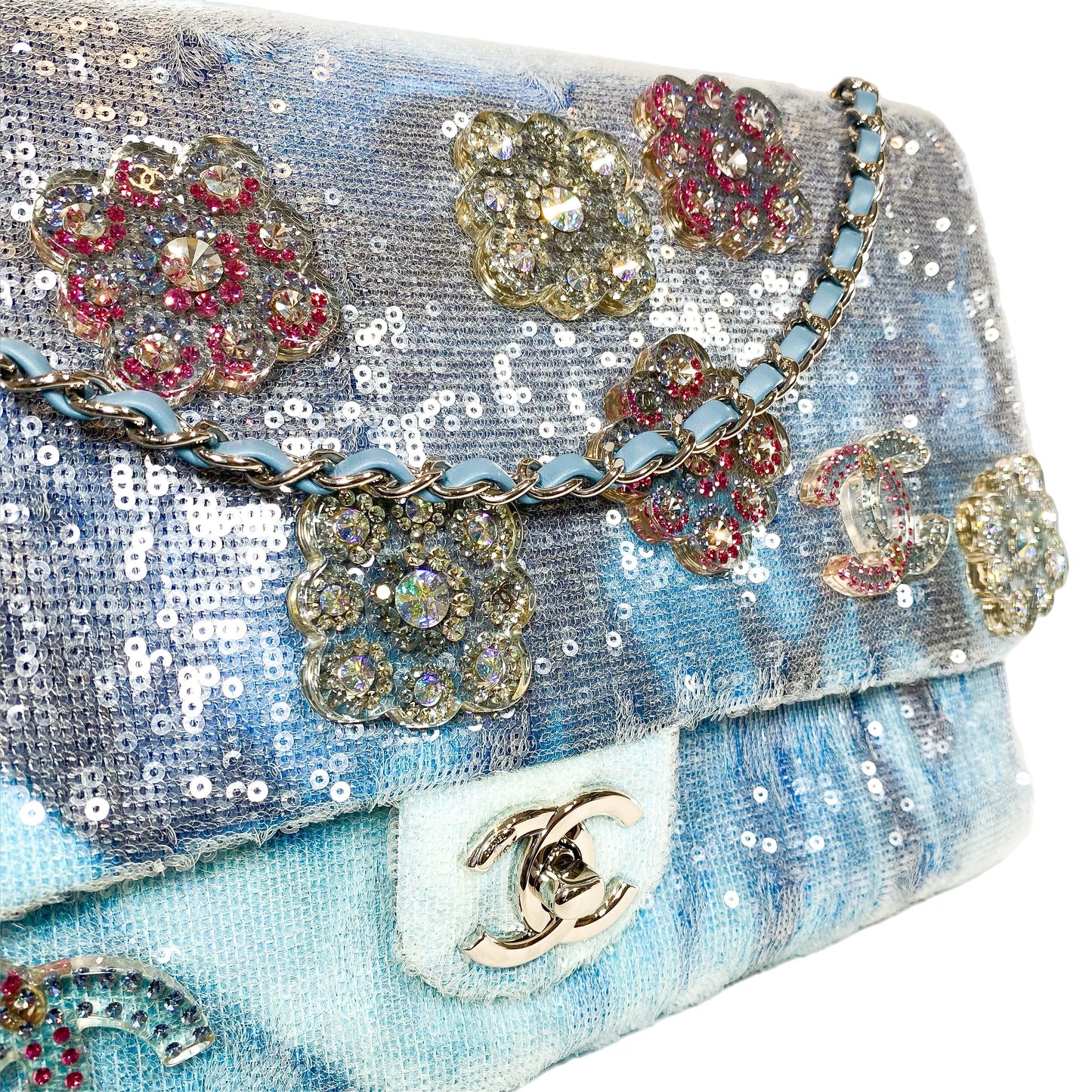 Chanel Light Blue Sequin Resin Crystal Large Waterfall Charms Flap Bag