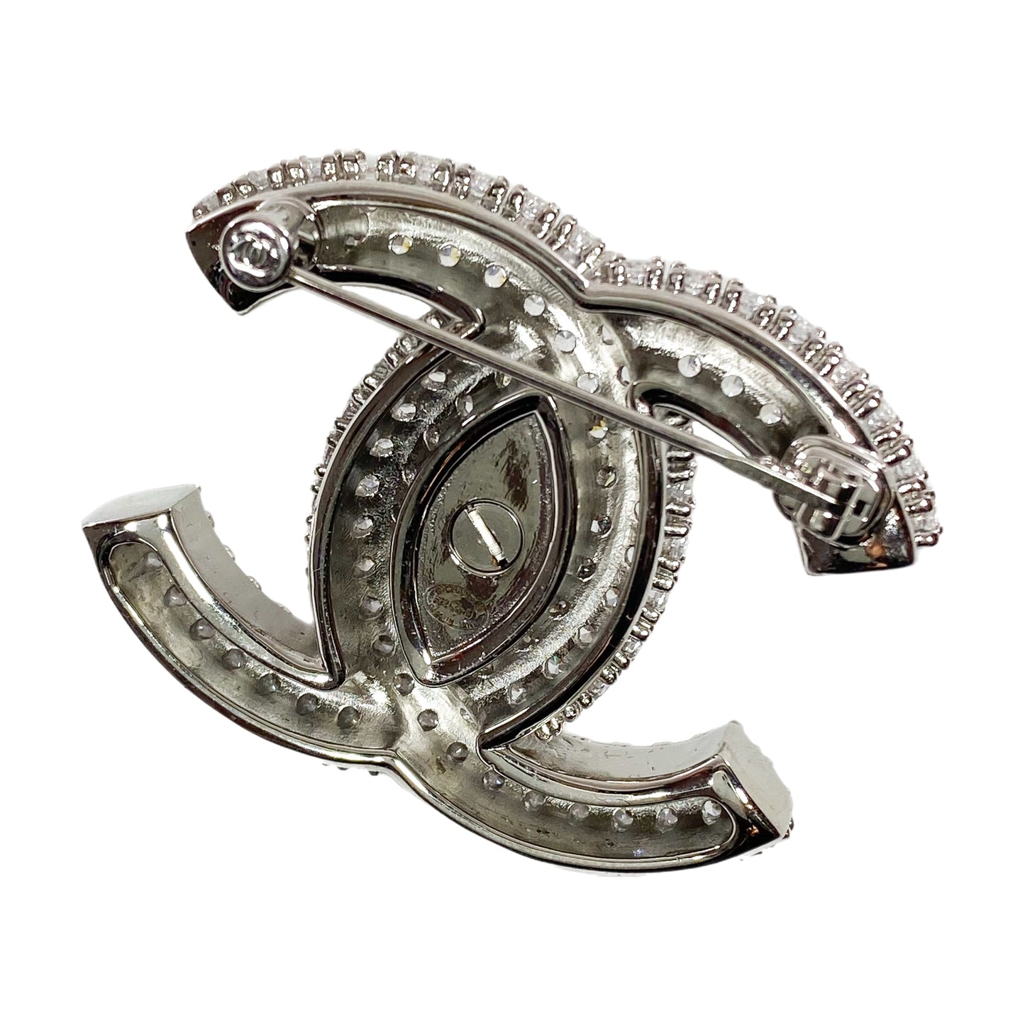 Chanel Silver Crystal CC Turnlock Brooch