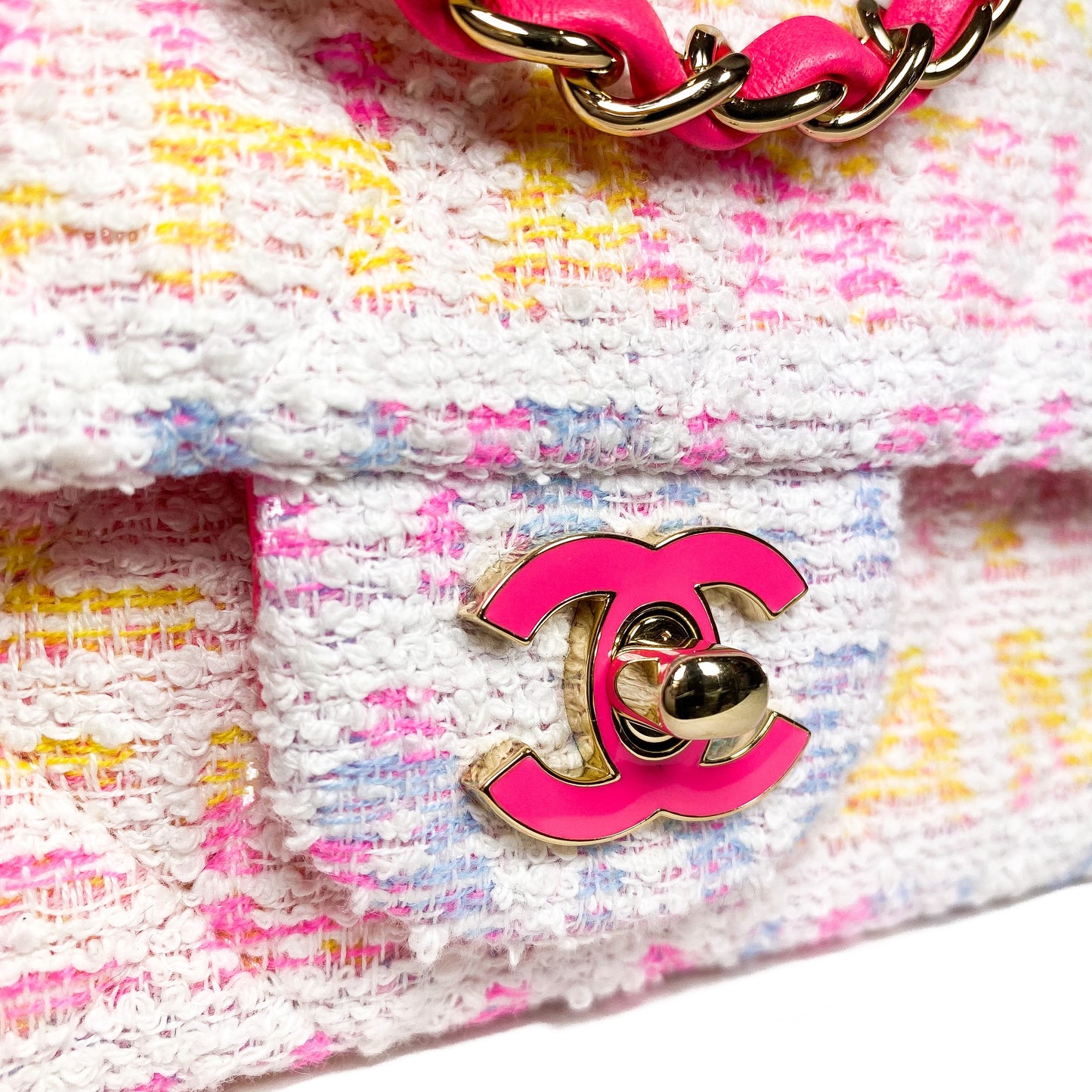 Chanel Quilted Pink Multicolor Tweed Mini Rectangular Flap Bag