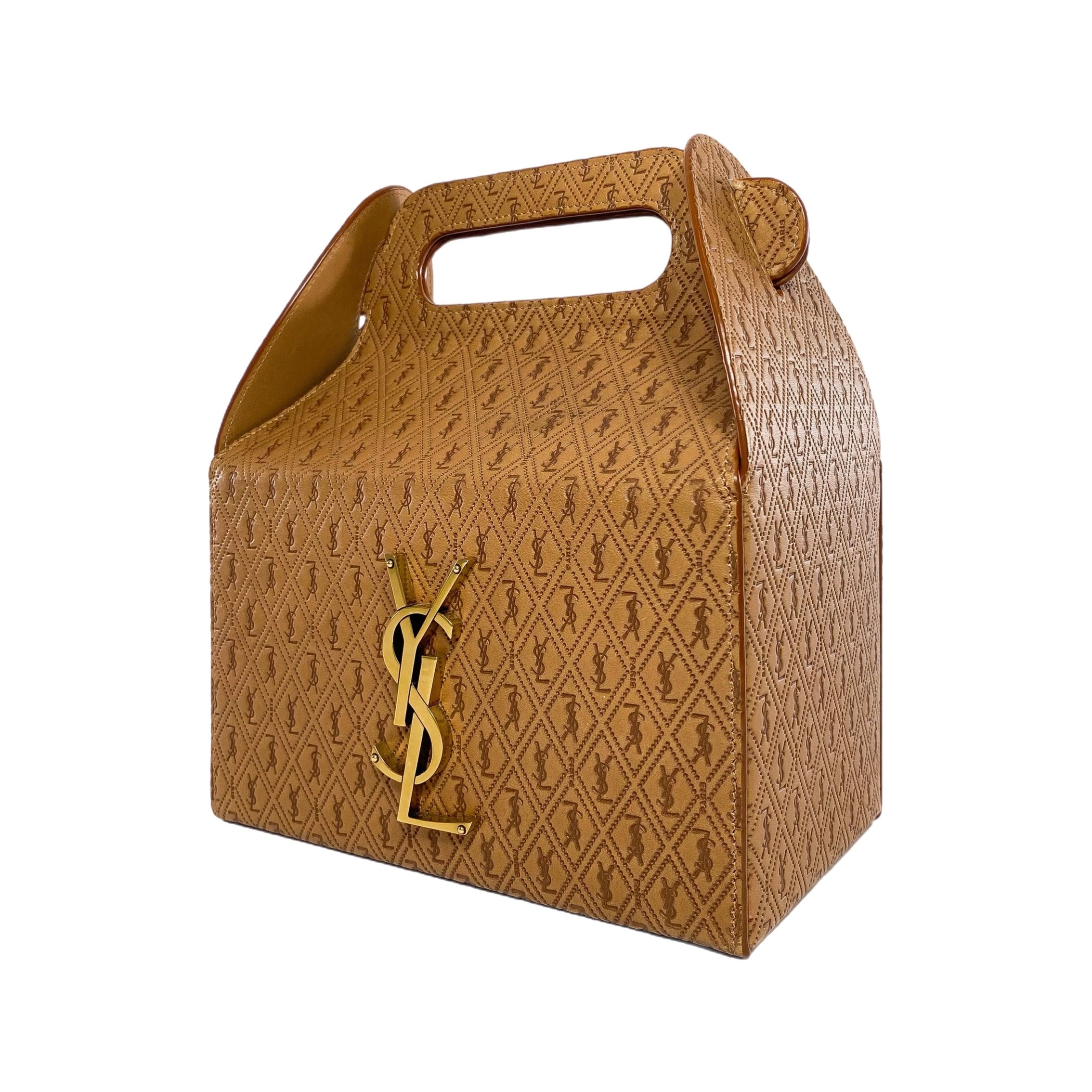 YSL Dusty Vintage Brown Gold Logo Take Away Box Clutch