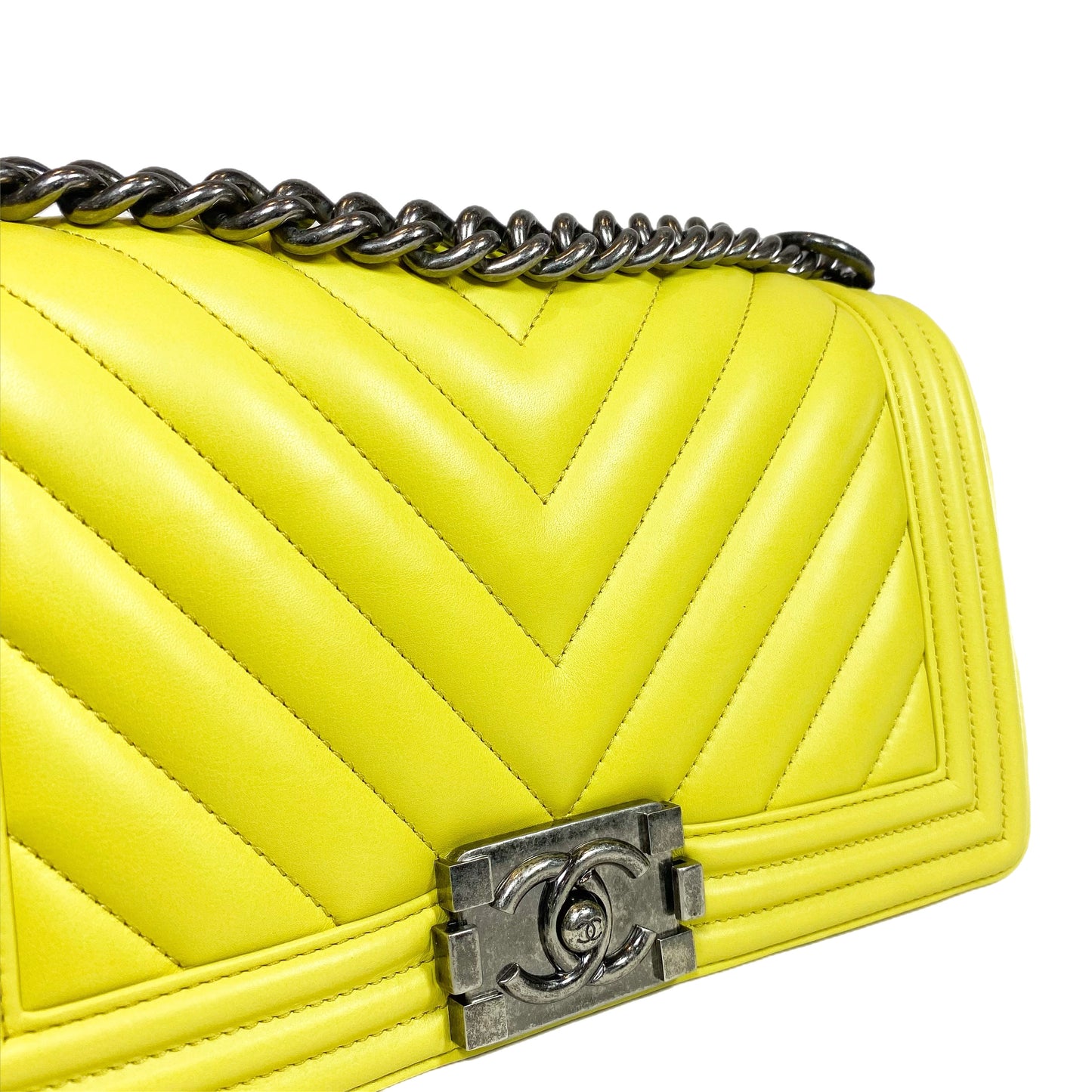 Chanel Chartreuse Old Medium Chevron Boy Bag