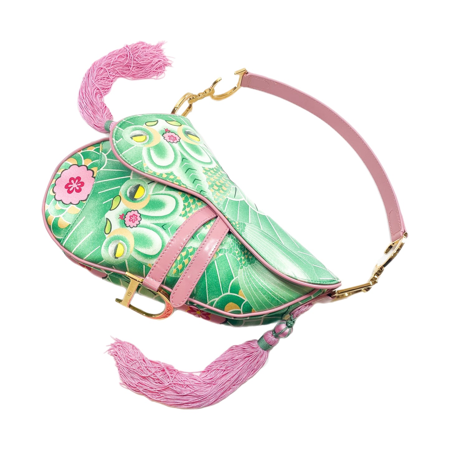 Dior Green Pink Satin Tassel Koi Saddle Bag