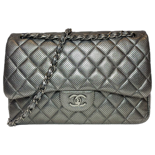 Chanel Dark Silver Perforated Jumbo Double Flap Bag