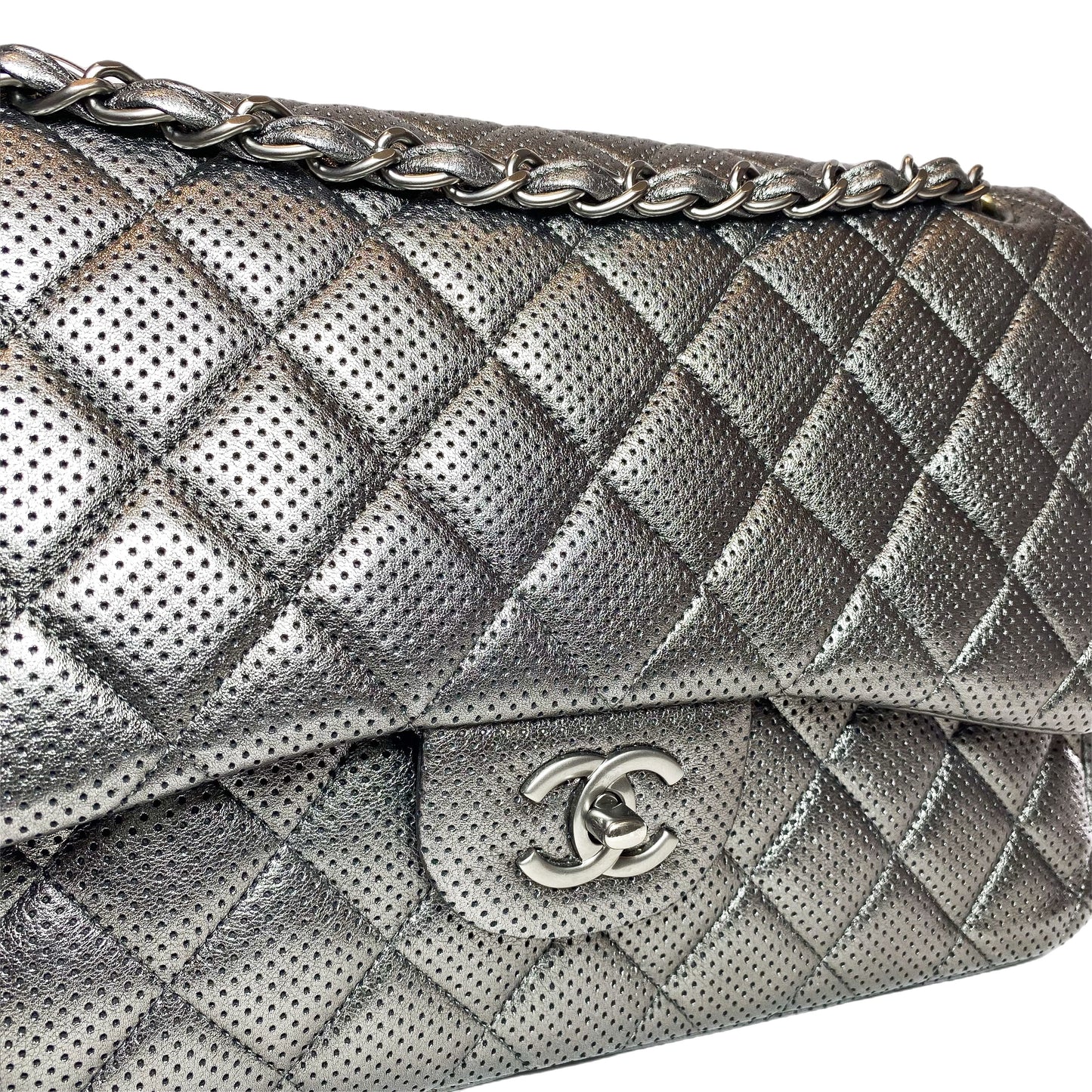 Chanel Dark Silver Perforated Jumbo Double Flap Bag