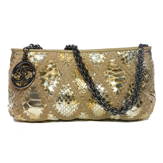 Chanel Gold Beige Crochet Snakeskin Chain Pochette