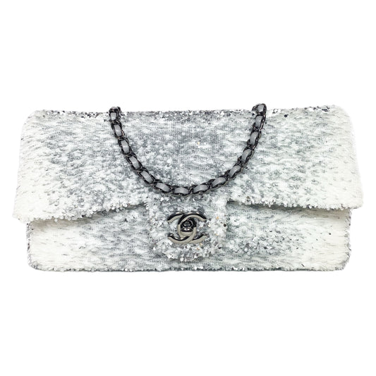 Chanel White Silver Sequin Flap Bag