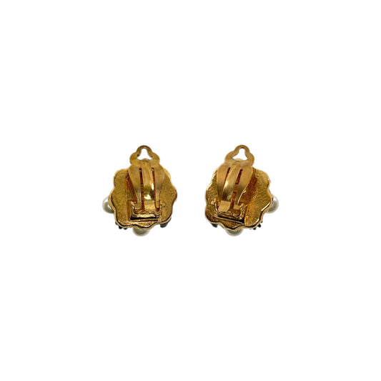 Chanel Gold Crystal Pearl Clip On Vintage Earrings
