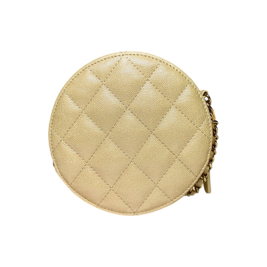 Chanel Beige Iridescent Quilted Caviar Round Clutch with Chain