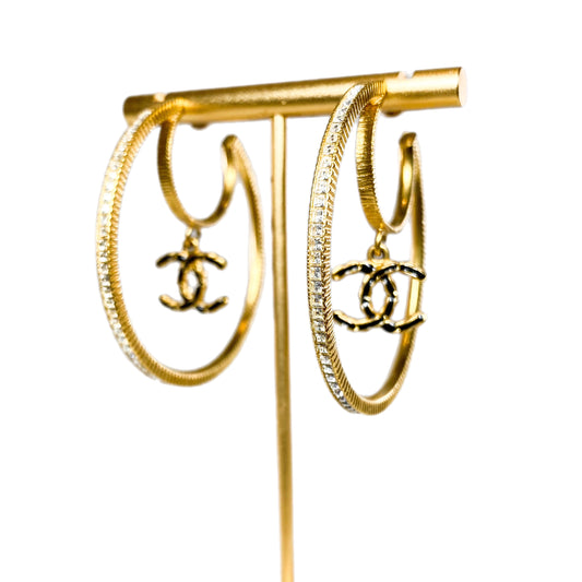 Chanel Gold Crystal CC Drop Moon Hoop Earrings