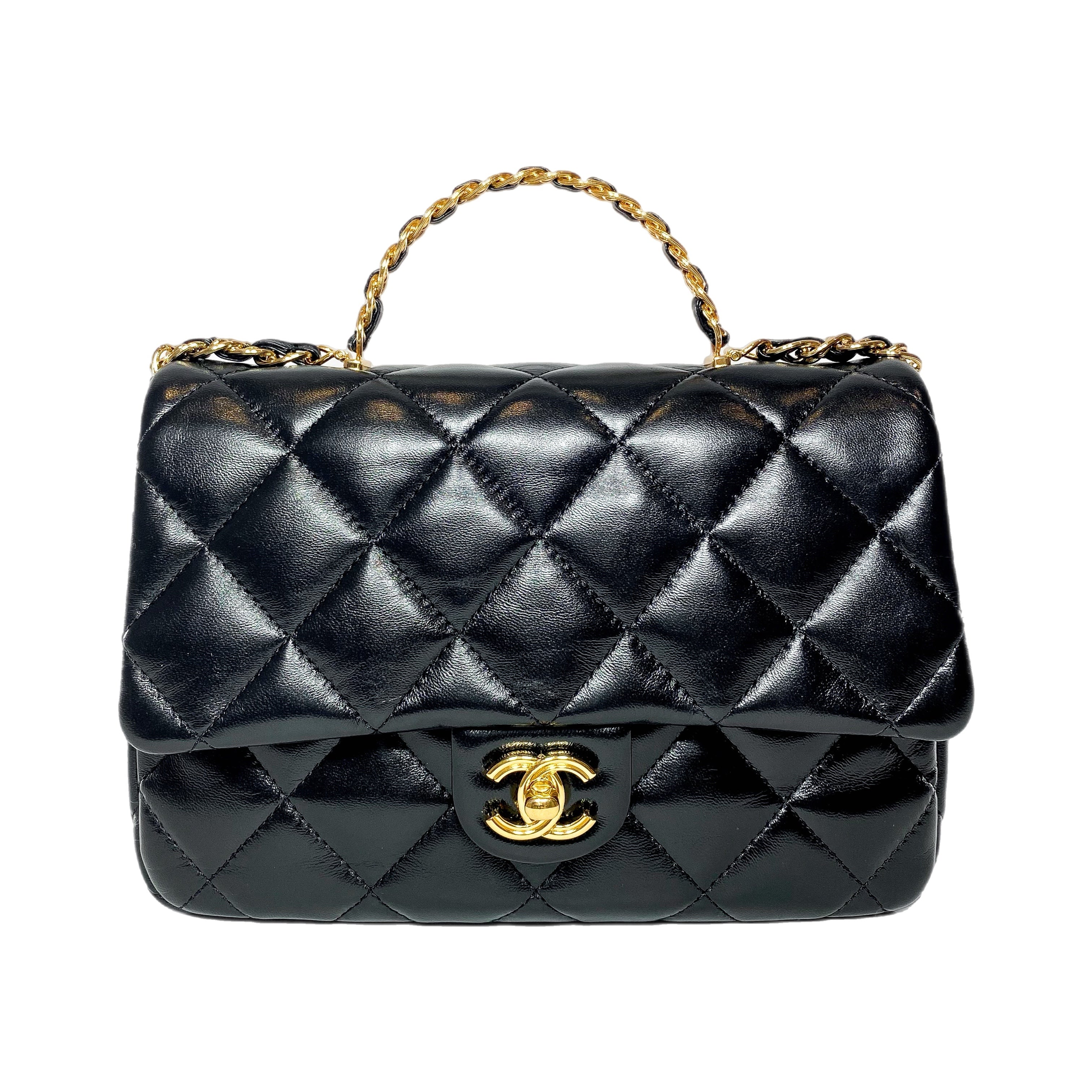 Chanel Black Shiny Quilted Golden Links Top Handle Flap Bag