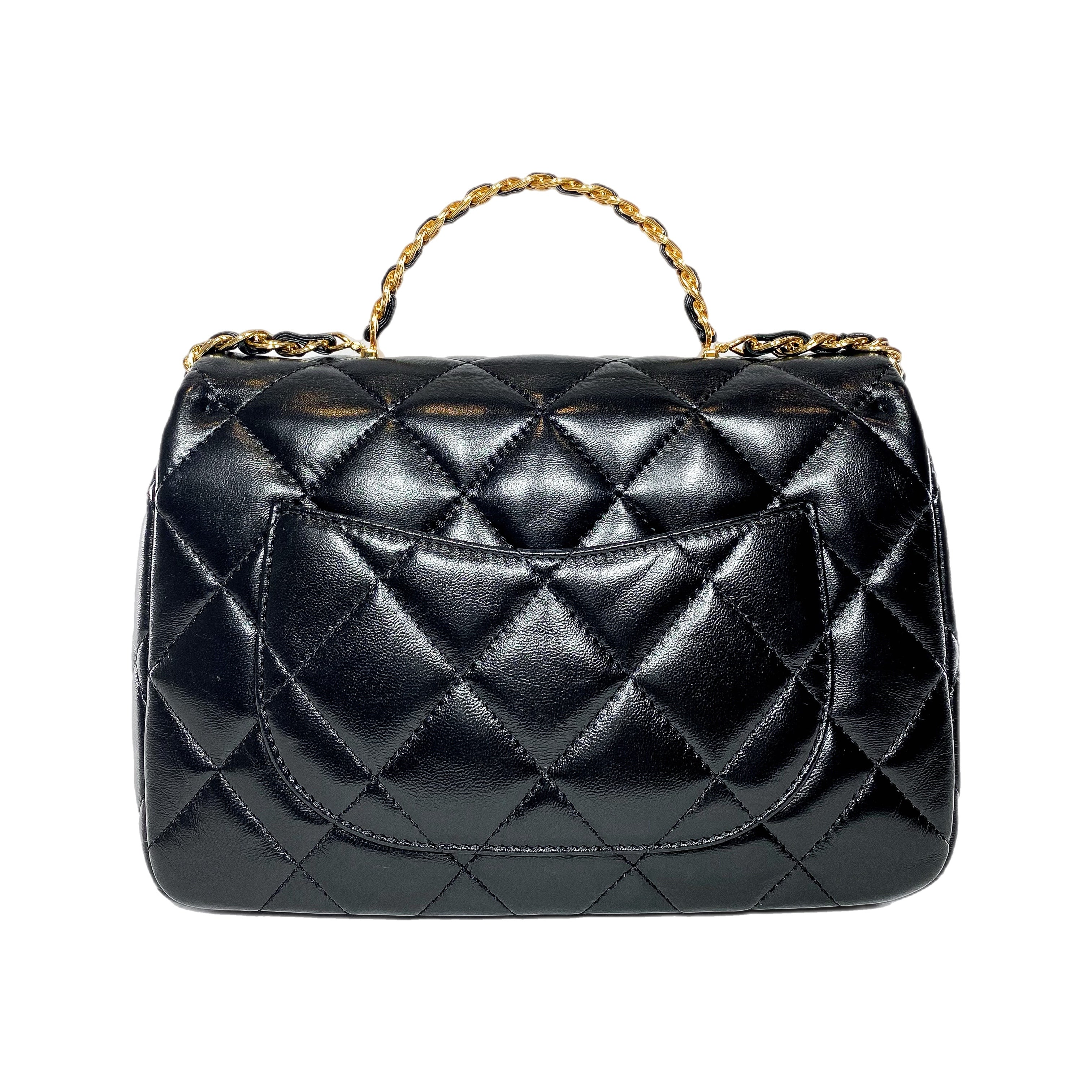 Chanel Black Shiny Quilted Golden Links Top Handle Flap Bag