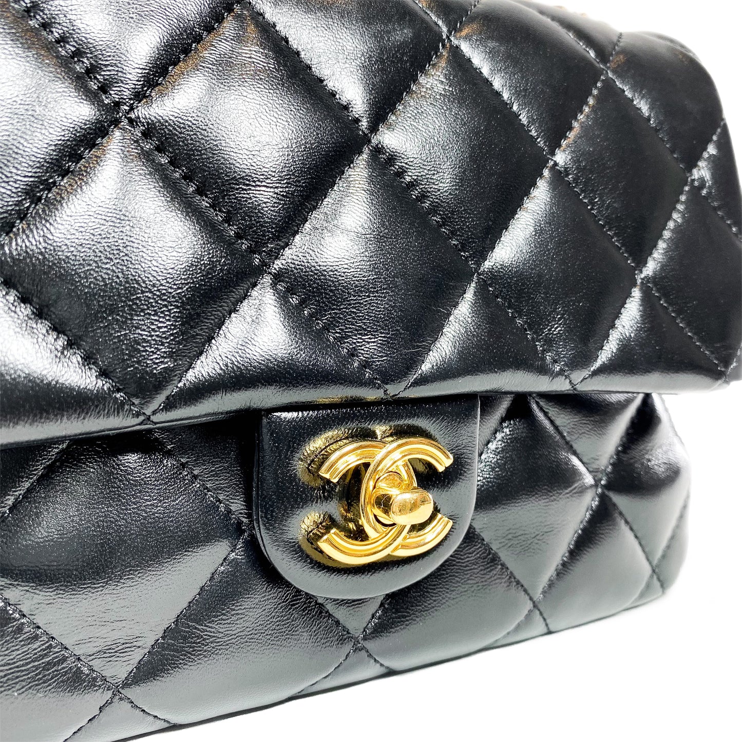Chanel Black Shiny Quilted Golden Links Top Handle Flap Bag