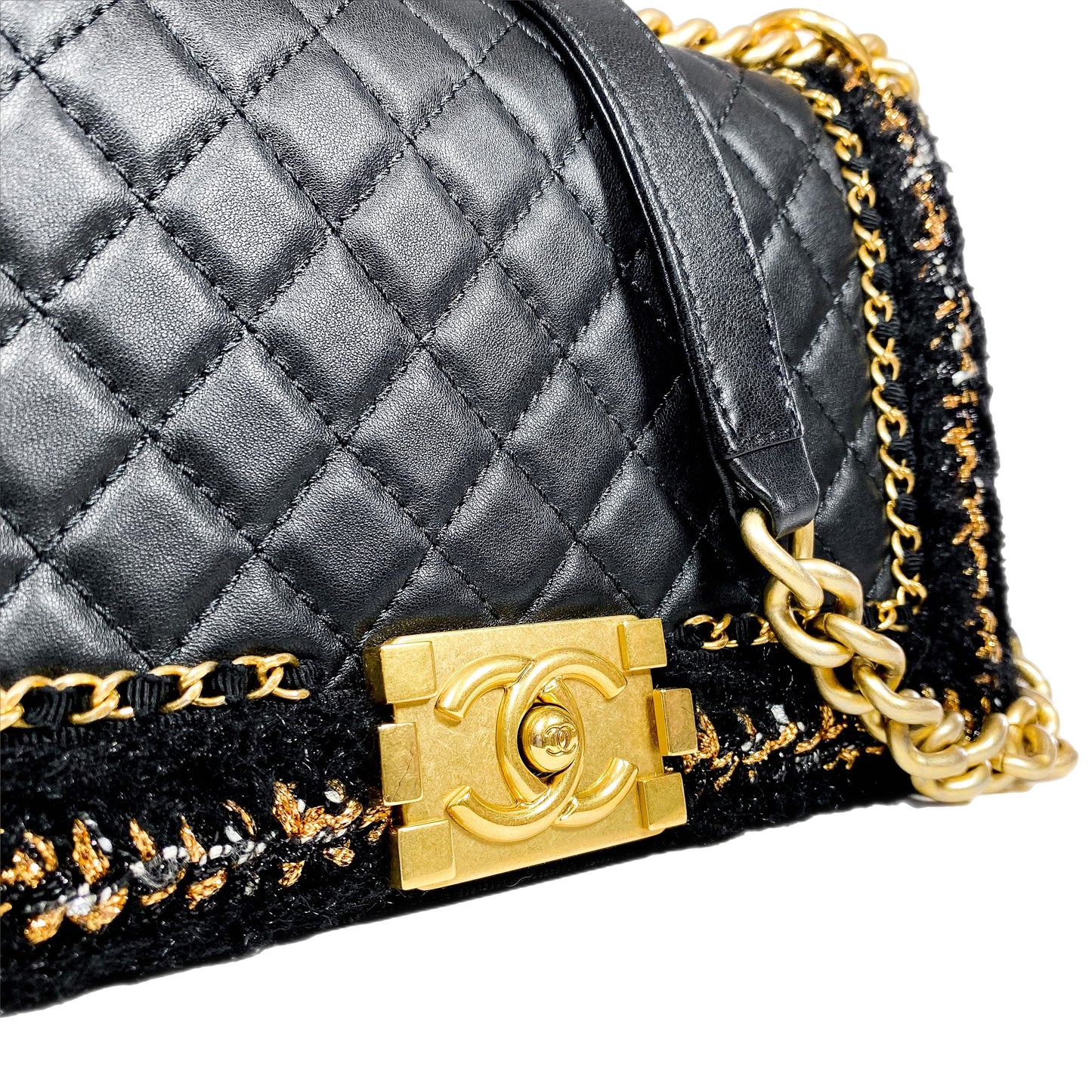 Chanel Black Tweed Lambskin Quilted Braided Jacket Boy Flap Bag