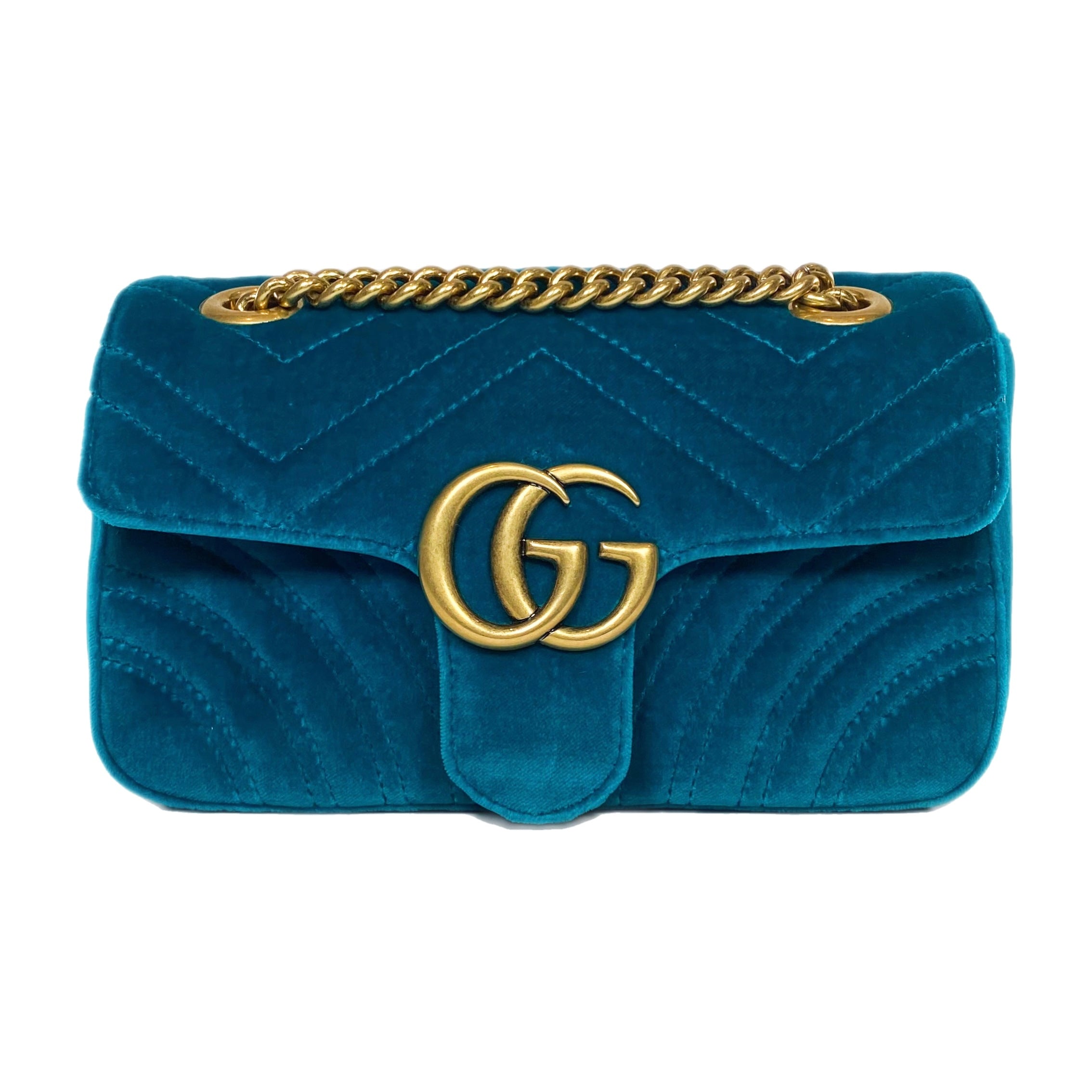 Gucci Petrol Blue Velvet Mini Marmont Pavone Shoulder Bag