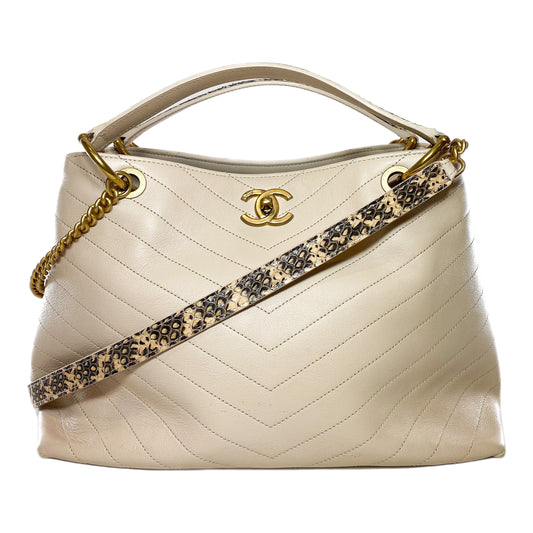 Chanel Beige Chevron Snakeskin Handle Chic Shopping Tote