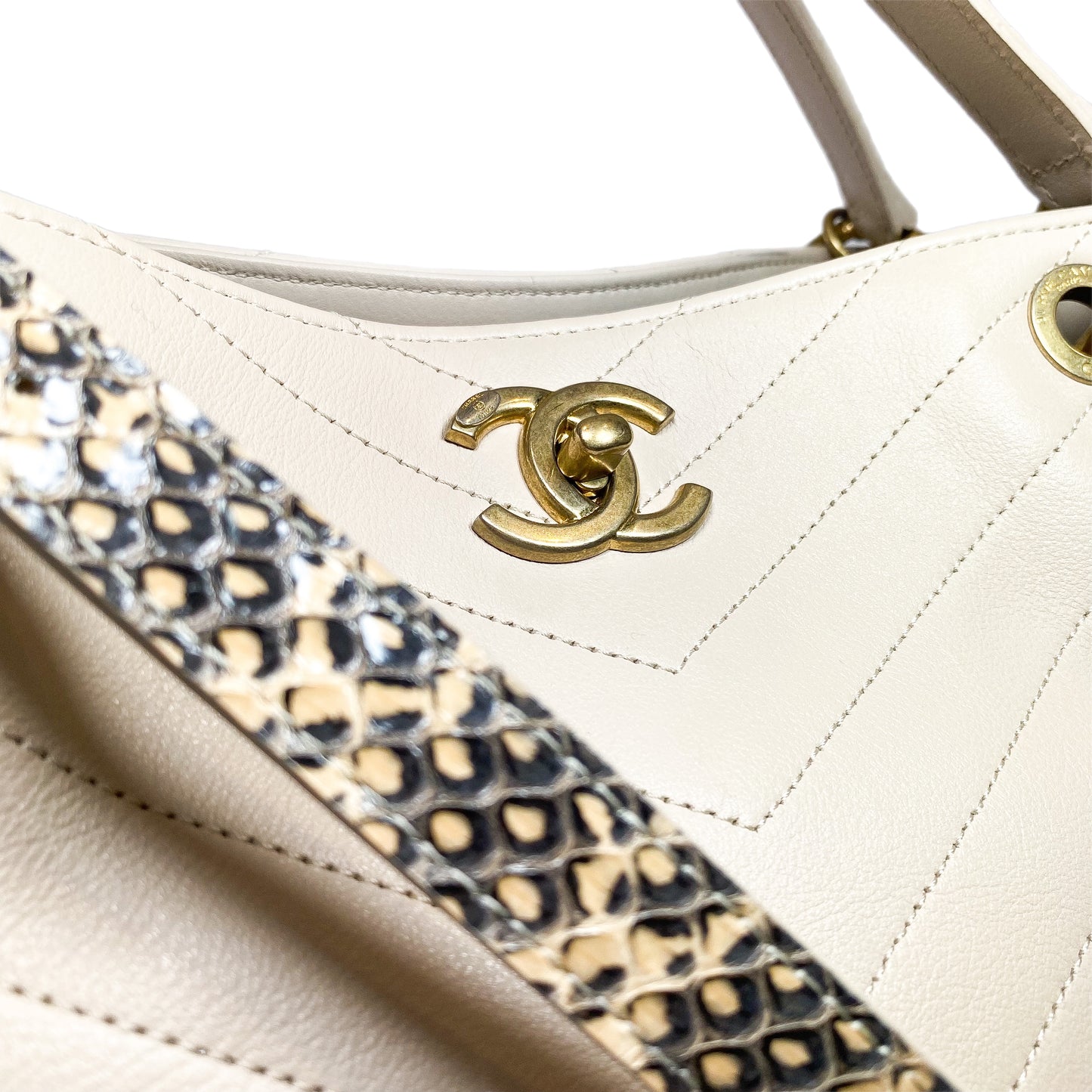 Chanel Beige Chevron Snakeskin Handle Chic Shopping Tote