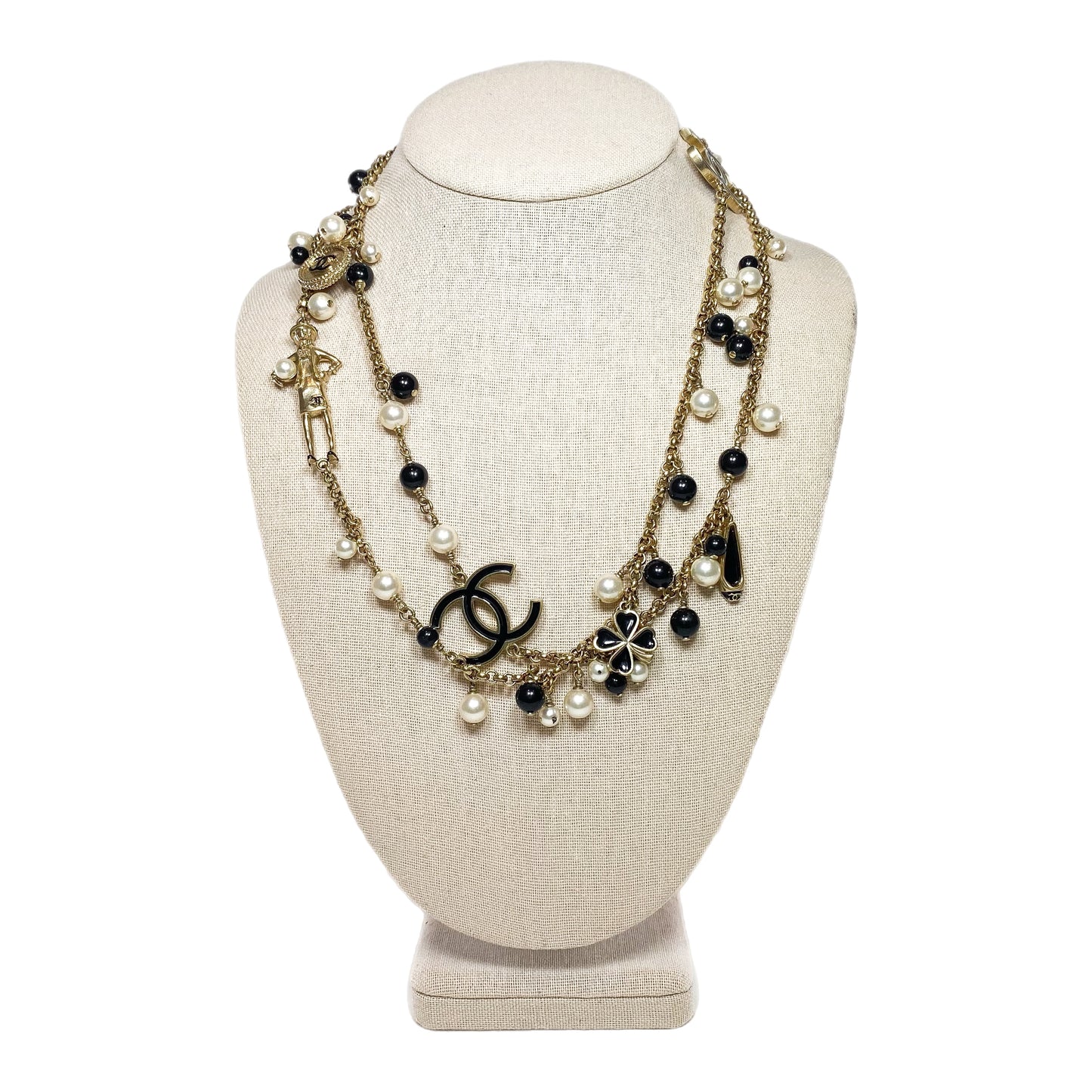 Chanel Black Gold Pearl Beaded Enamel CC Coco Long Necklace