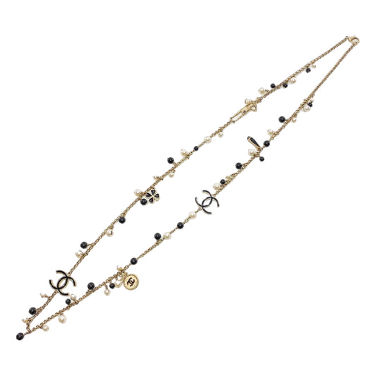 Chanel Black Gold Pearl Beaded Enamel CC Coco Long Necklace
