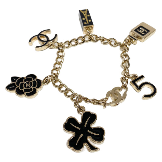 Chanel Light Gold Black Enamel CC Charm Bracelet