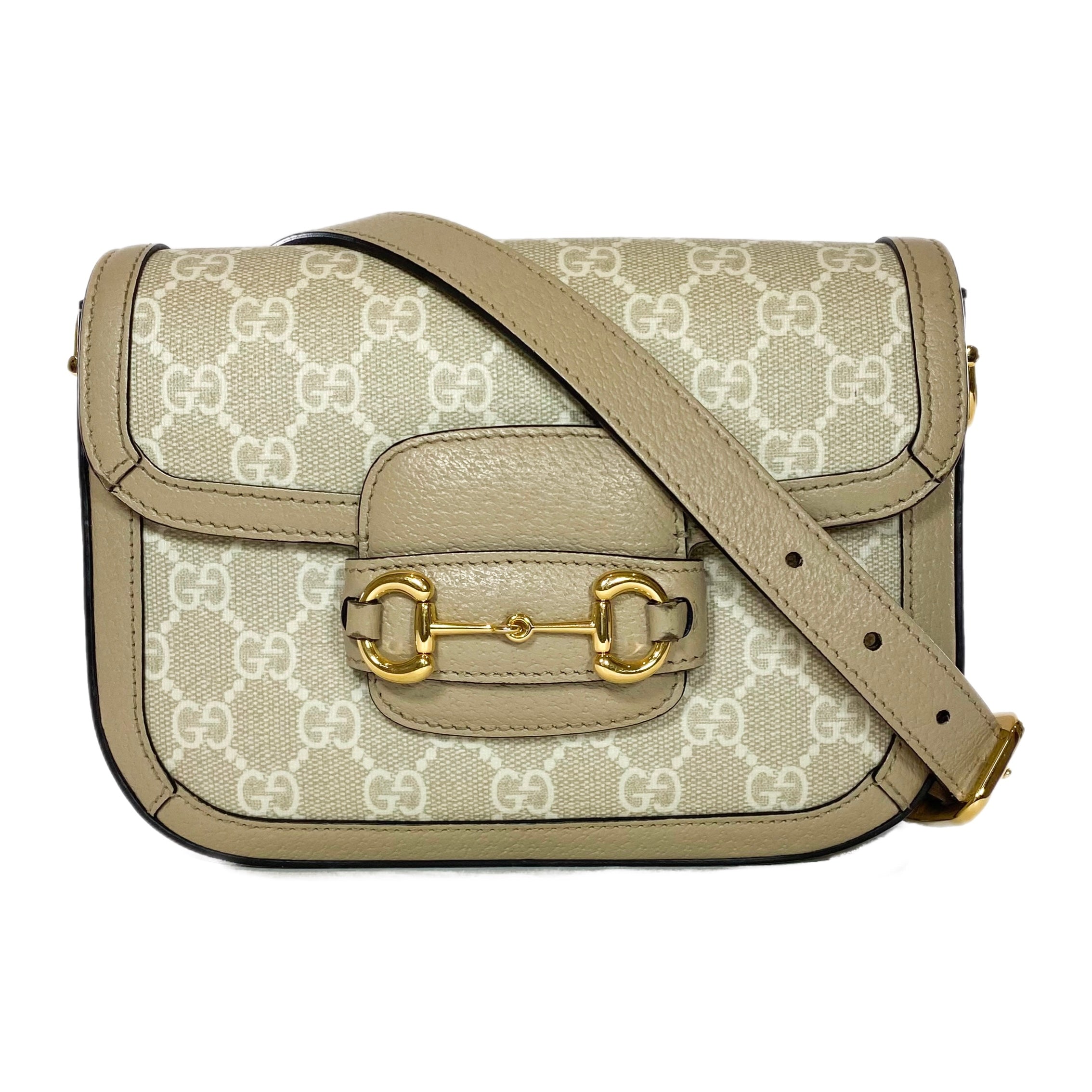 Gucci Supreme Monogram Textured Dollar Calfskin Web Mini Horsebit 1955 Beige Mystic White Oatmeal Shoulder Bag