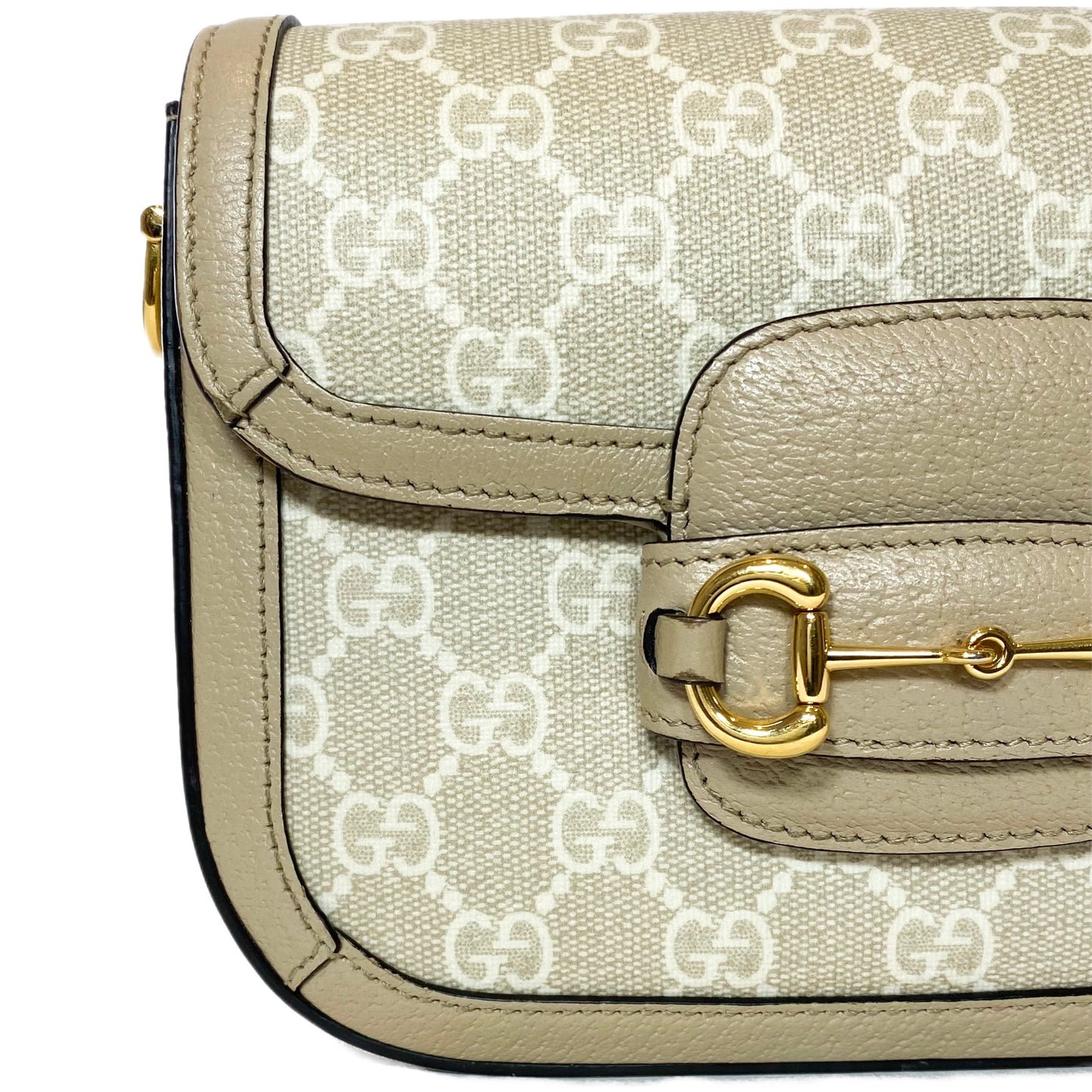 Gucci Supreme Monogram Textured Dollar Calfskin Web Mini Horsebit 1955 Beige Mystic White Oatmeal Shoulder Bag