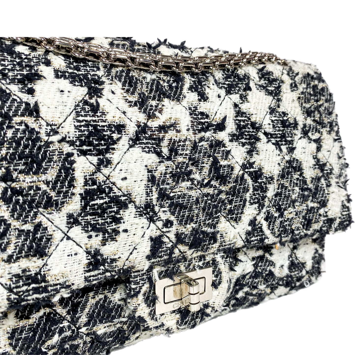 Chanel 2.55 Reissue 226 Black White Tweed Camellia Flap Bag