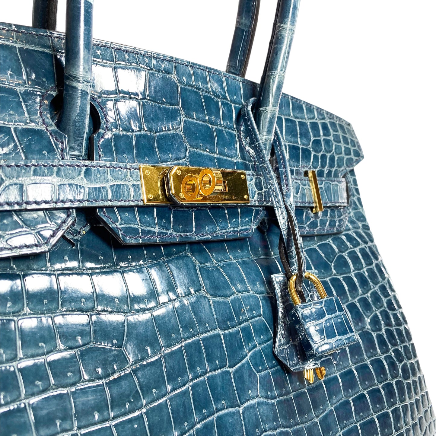Hermes Birkin 30 Blue Tempete Porosus Crocodile Gold Hardware