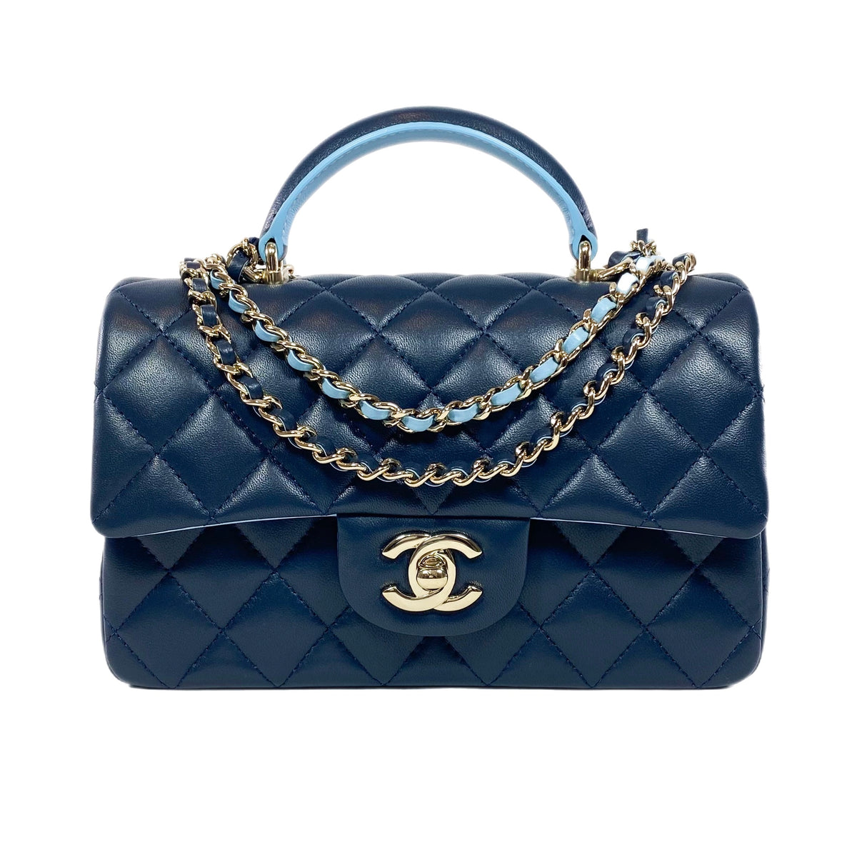 Top Handle Blue Chanel Purse Chanel Quilted Lambskin Bi-Color Navy